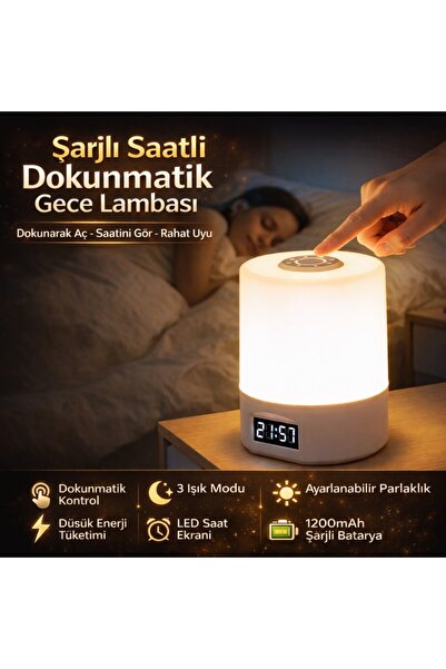 Polham 1200mAh Şarjlı Saatli Dokunmatik LED Masa Lambası, 3 Işık Modlu, Parla...