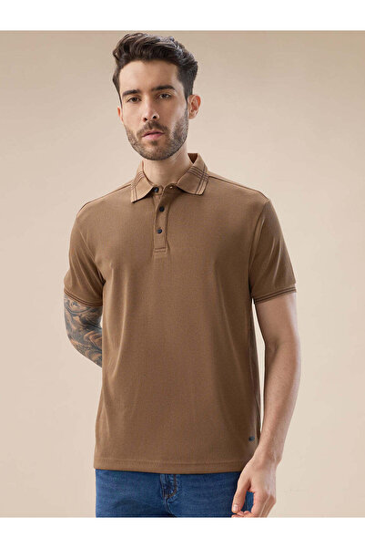 STATUS QUO Solid Contrast Tipping Collar Regular Fit Brown T-shirt