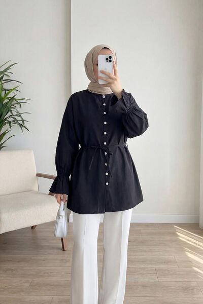 HİFADEN Women's Button Detailed Waist-Tie Hem-Cuff Gathered Hijab Shirt