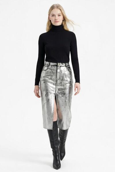 Rays 2088 شق ميتاليك جلد تنورة فضية