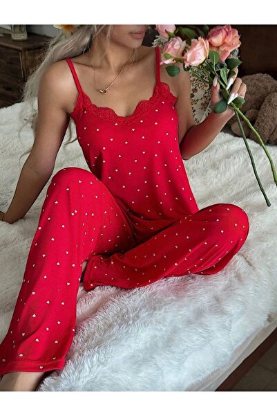 Jermo Women's Combed Cotton Heart Printed and Lace-Detail Top and Bottom Paja...