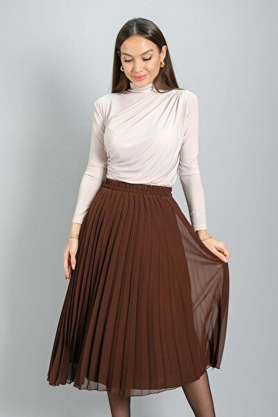 SWEETNESS Жіноча коричнева спідниця середньої довжини з підкладкою та плісиро...