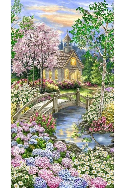 Empressco Ortanca Bahçesinde Ahşap Kulübe Ve Köprü Elmas Mozaik Tablo 41x74 Cm