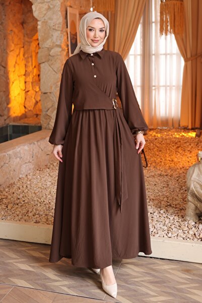 İmajButik Rochie elastică maro cu cu detaliu cu șnur mâneci