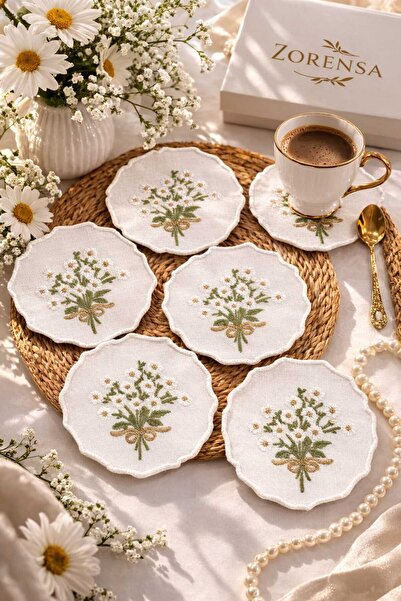 ZORENSA مجموعة من 6 مناديل تقديم القهوة المطرزة بزهور الأقحوان - مجموعة منادي...