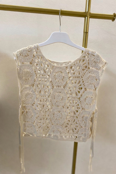 ZARAN Ekru Crochet Örgü Crop Bluz