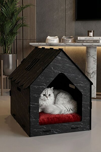 StarLightning Ahşap Büyük Kedi Yatağı Premium Kalite Siyah Mermer Renk Kedi E...