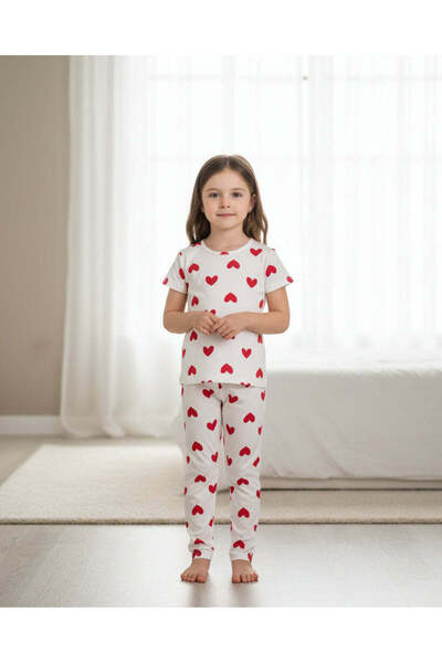 REDTAG طقم بناتي أبيض مطبوع عليه قلوب بالكامل، قطعتين بأكمام قصيرة، لون أبيض،...