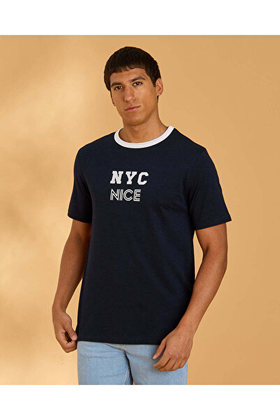 REDTAG Men Navy Printed T-Shirt