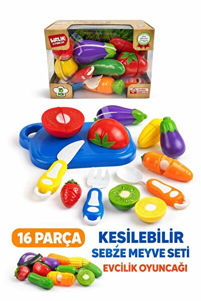 Aksoy Toys 16 Parça Kesilebilen Sebze-Meyve Mutfak Seti Evcilik Oyuncağı