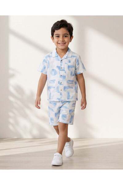 REDTAG طقم قميص وشورت أزرق مطبوع بالكامل للأولاد