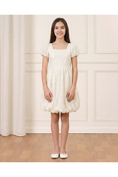 REDTAG Senoor Girls Cream Embroidered Baloon Hem Dress