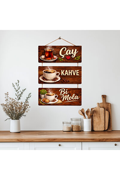 GRAFİLLİ DESİGN Çay Kahve Bi Mola Ahşap Duvar Dekoru İpli 3 Parça Tablo Mutfa...