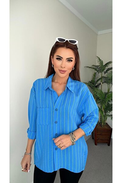 DİDEM GÜLTAKTI Bloom Women's Striped Oversized Blue Shirt