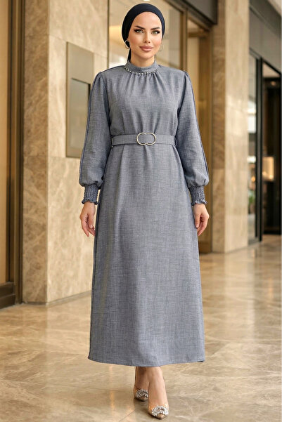 FERHEL Hijab Collar Stone Detailed Sleeve Ruched Belt Piece Linen Dress - Gray