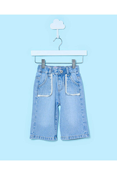 REDTAG Infant Girls Blue Wide Leg Jeans With Headband