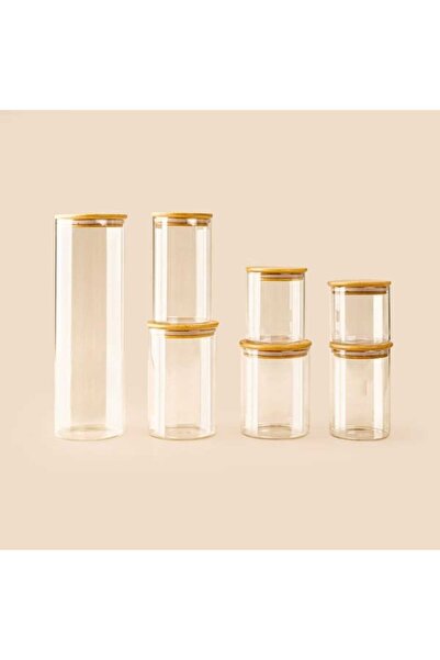 Bambum Sona 7 Parça Bambu Kapaklı Cam Saklama Kabı - Şeffaf / Açık Kahverengi