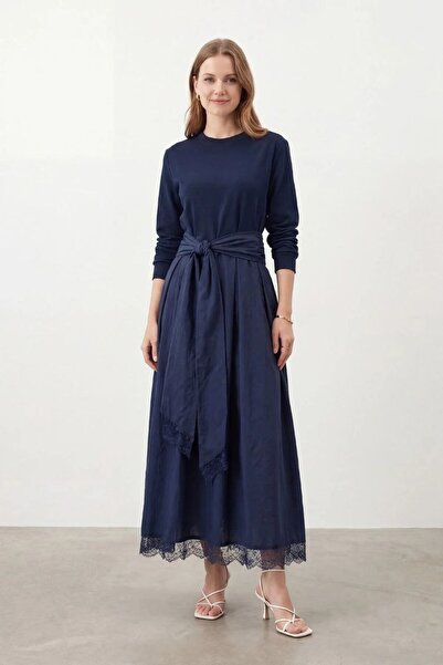 Loreen Belted Lace Pleated Dress-Navy Blue Dark Blue