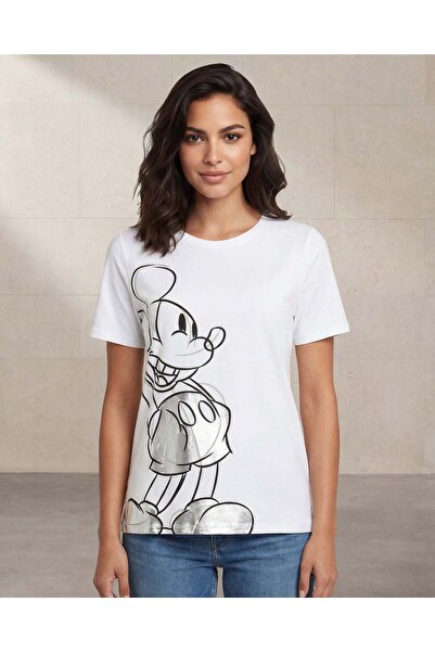 REDTAG تيشيرت نسائي أبيض واسع مزين برسومات ميكي ماوس