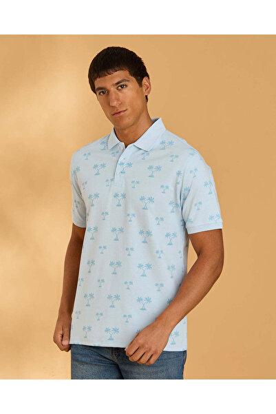 REDTAG Men Light Blue Printed Polo T-Shirt