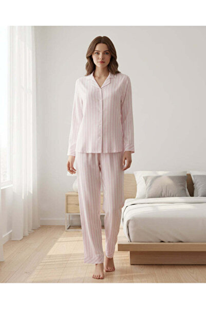 REDTAG طقم بيجاما نسائي مخطط بأكمام طويلة وياقة