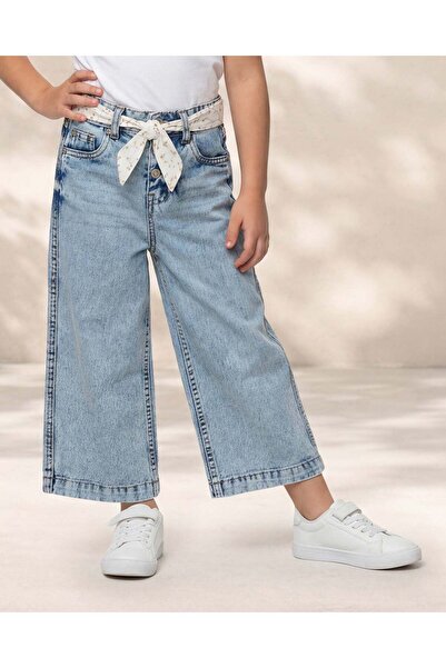 REDTAG Girls Blue Wide Leg Jeans With Belt