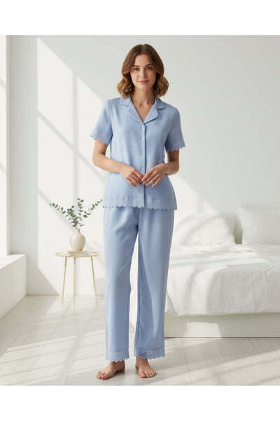 REDTAG Women Pale Blue Printed Long Sleeve Collared Pyjama Set