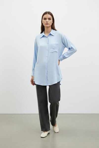 Loreen Tek Pocketed Tunic Shirt-Baby Blue Baby Blue