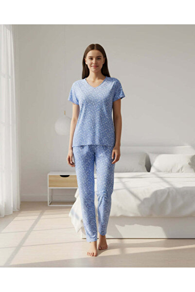 REDTAG Women Assorted Printed Lace Trim V Neck Pyjama Set