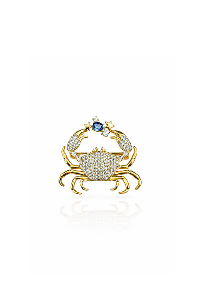 Siminkari Işıltılı Taşlı Büyük Yengeç Broş 14 Ayar Altın Kaplama 925 Ayar Gümüş