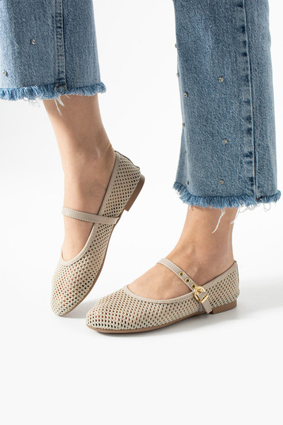 Gökçe Shoes Amaris Bej Fileli Kemer Detay Kadın Babet Ayakkabı