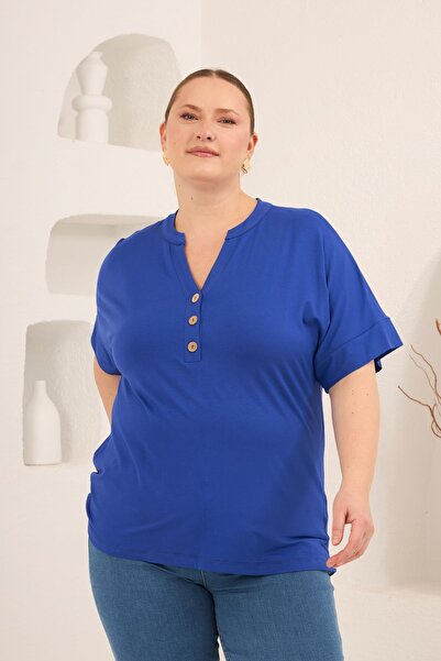 RMG Hakim Yaka Plus Size Buttoned Blouse Cobalt