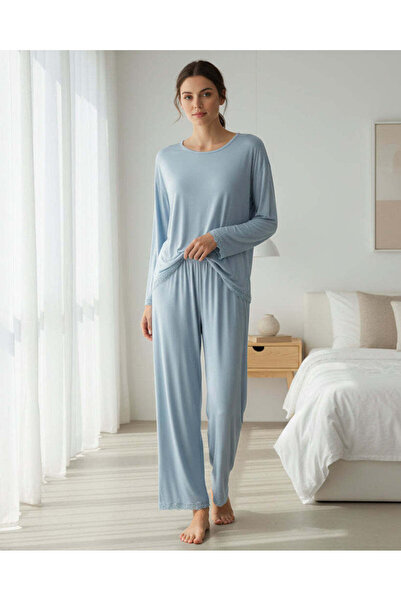 REDTAG طقم بيجاما نسائي أزرق فاتح سادة بأكمام طويلة من التريكو