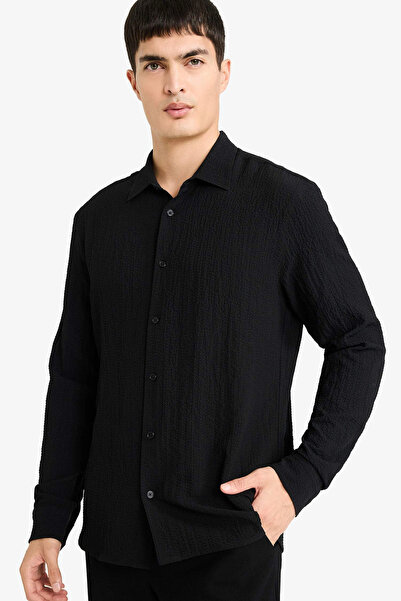DeFacto D7246Axbk27 Black Modern Fit Polo Collar Woven Long Sleeve Shirt