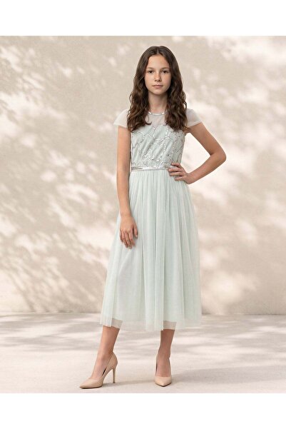 REDTAG فستان أخضر شبكي للطالبات في السنة الأخيرة