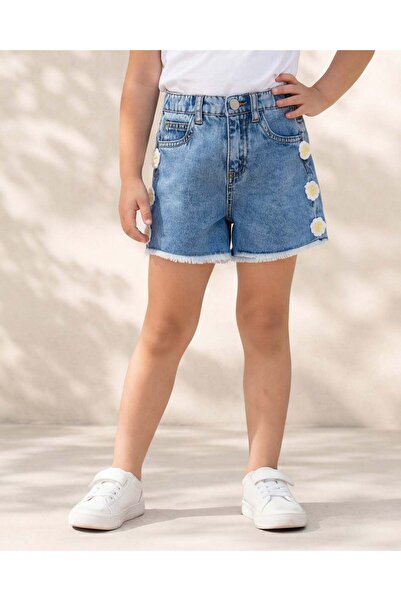 REDTAG Girls Blue Crochet Flower Denim Shorts