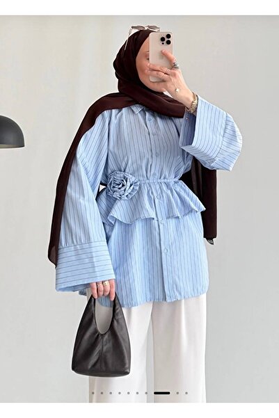 demet's collection Beliz GÜL Detaylı Broş Kemerli Premium Çizgili Gömlek - Tunik