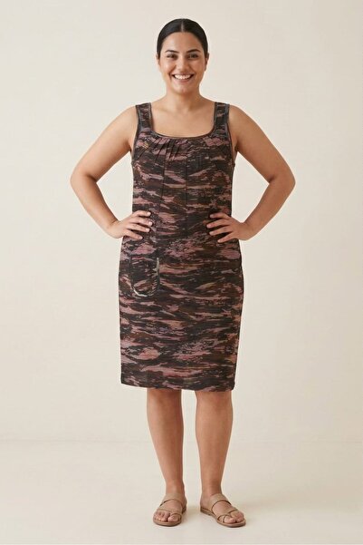 Flamingo Rahat Kalıp Kadın Kamuflaj Desenli Rahat Kesim Cepli Pamuklu Midi Bo...