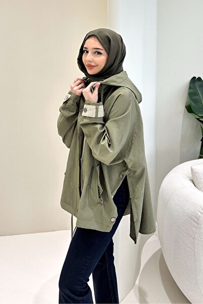 Ovn. Calista Kapüşonlu Çıtçıtlı Kısa Trenç - Haki