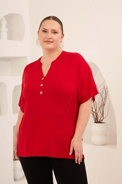 RMG Hakim Yaka Plus Size Buttoned Blouse Red