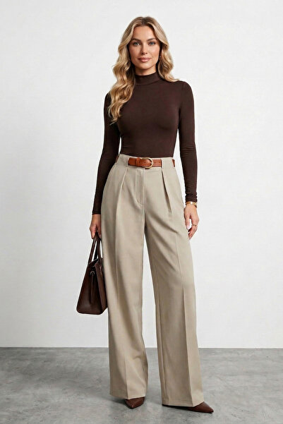 LEY COLLECTİON بنطلون نسائي حزام لي بانتولون واسع الساق مستقيم باللون البيج ل...