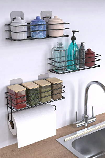 TncPatiShop 3lü Metal Kağıt Havluluk Yapışkanlı Mutfak Rafı Baharatlık Siyah ...