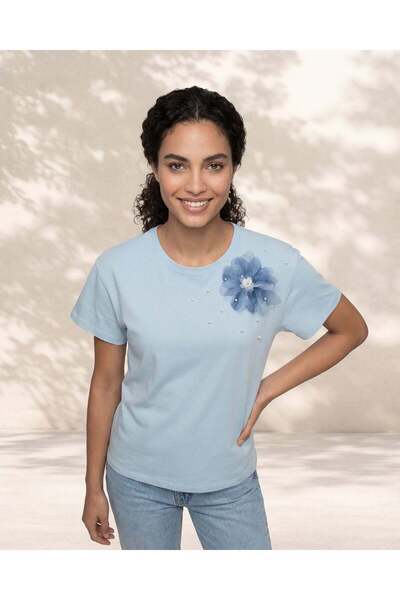 REDTAG تي شيرت نسائي أزرق مزخرف