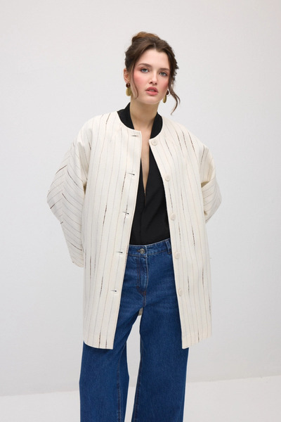 Gusto Simli Çizgili Müslin Kaftan - Ekru