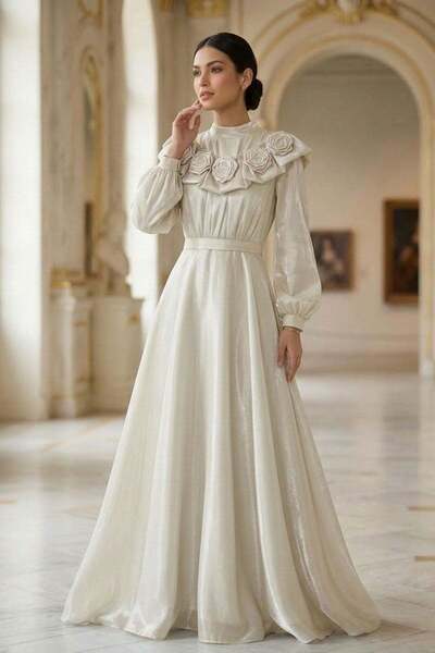 hakimoda Gülfem İnci Organze Abiye Krem