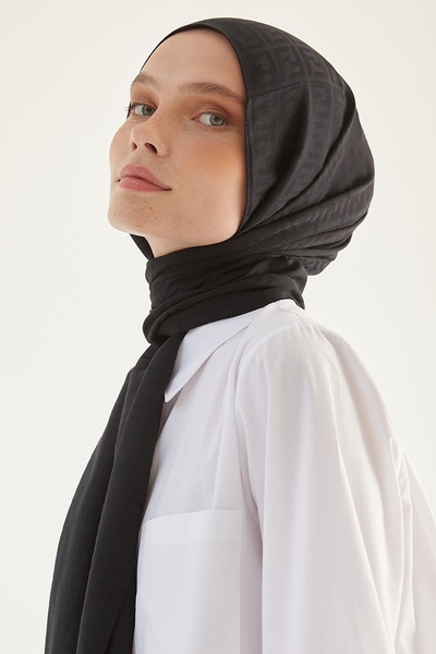 InStyle Elle F Pattern Jacquard Shawl with Cotton Pieces - Black