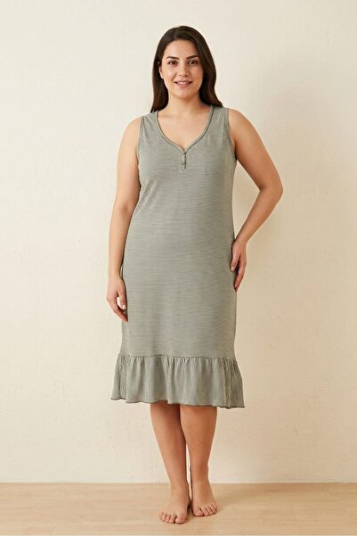 Flamingo Άνετο φόρεμα με πράσινες ρίγες, λαιμόκοψη V, κουμπιά, βαμβακερό βολά...