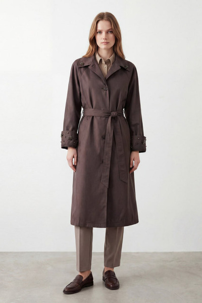 Loreen Sleeve and Collar Embroidered Trench Coat - Bitter Brown Bitter Brown