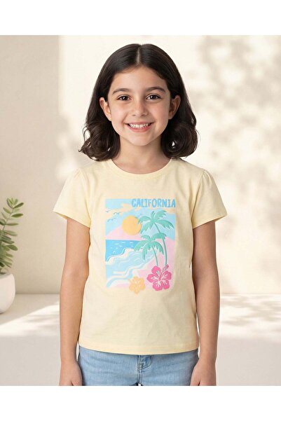 REDTAG Girls Yellow California Placement Print T-Shirt