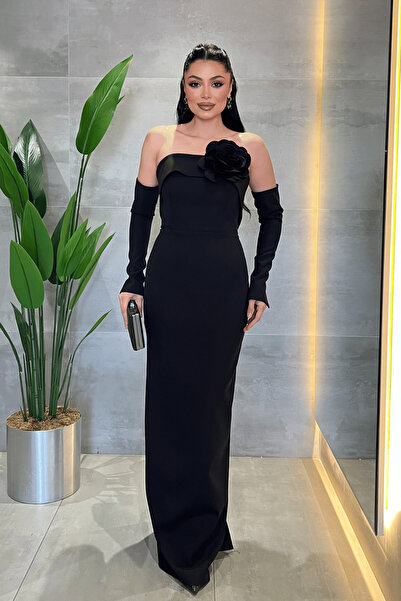 giyimmasalı Atlas Fabric Στράπλες Φόρεμα με Λεπτομέρεια από Γάντια - ΜΑΥΡΟ